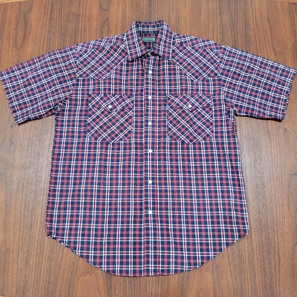 Stone River Pearl Snap Western Short Sleeve Shirt Blue Red Plaid Medium - Picture 1 of 5